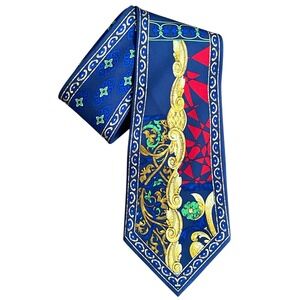 DeSantis Collection Mens Silk Tie Navy Blue Gold Baroque Geometric Made in Italy